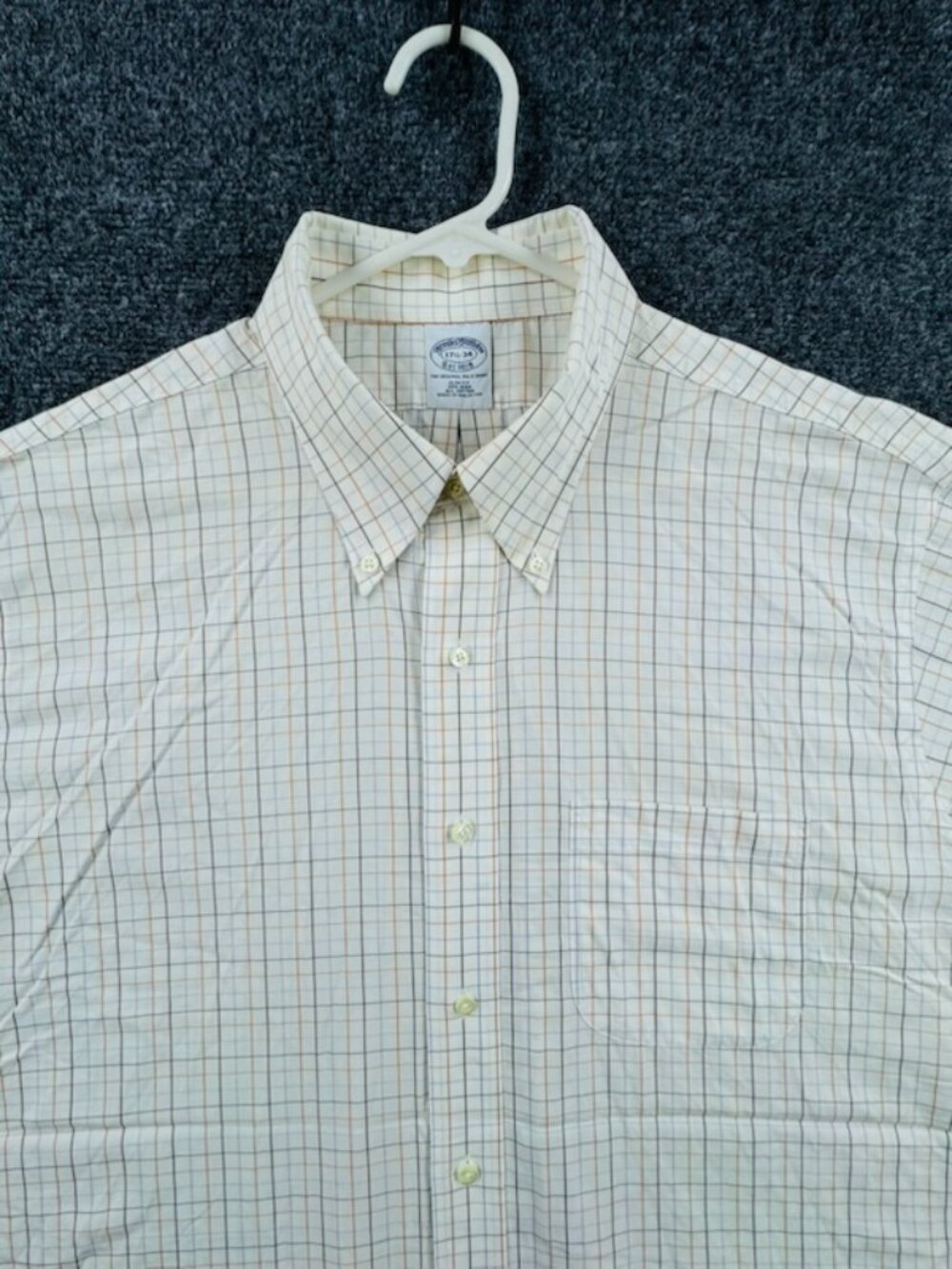 Brooks Brothers Slim Check 17.5 34 Button-Down Cotton Non-Iron Orange White